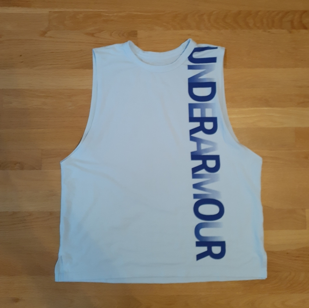 Under Armour White Tank with Bold Blue Lettering